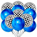Large Checkered Balloons Pack of 12 - Racing Flag & Blue Foil Balloons for Birthday & Party Decor
