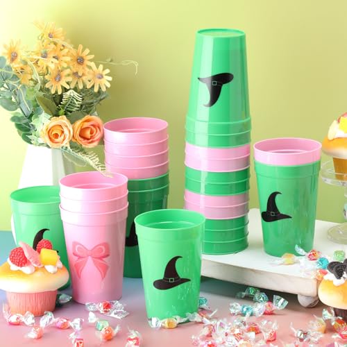 24 Pack Pink and Green Plastic Cups with Witch Hat Design, 12 oz Party Cups for Celebrations
