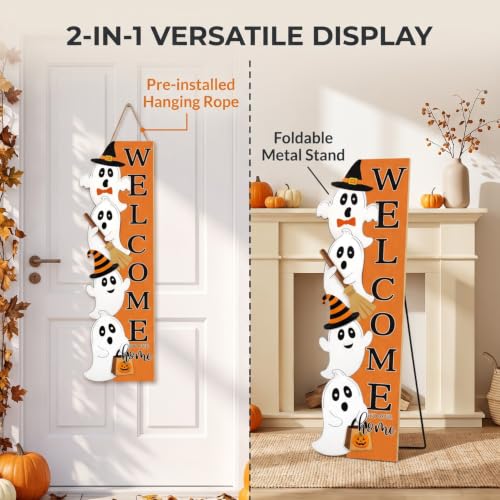 Halloween Welcome Sign for Front Door Ghost & Colorful Pumpkin - 41.3" x 12.6"