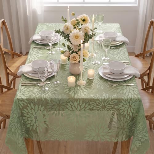 Green Lace Dahlia Tablecloth 60x84 Inch Rectangular - Durable Polyester Home Decor