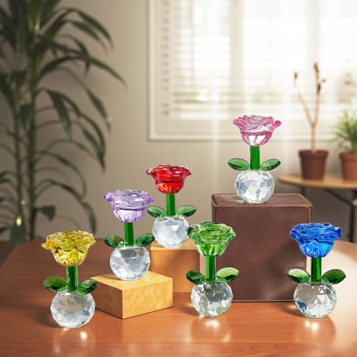 Glass Flower Figurines Set - Colorful Crystal Roses, 6 Pieces, Mix