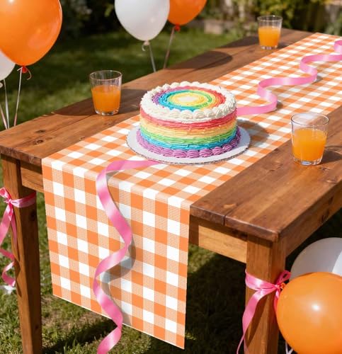 Orange Gingham Table Runner - 6 Pack Disposable Plastic Checkered Table Decor