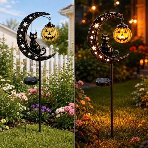 Solar Halloween Black Cat & Pumpkin Garden Stake Light Outdoor Decor