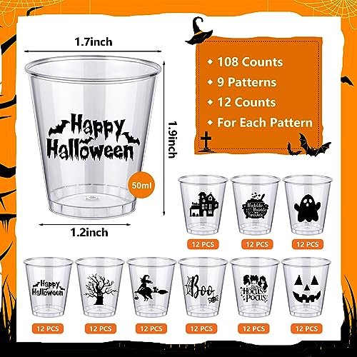 Halloween Plastic Shot Glasses Set - 108 Clear Disposable Cups with Spooky Designs