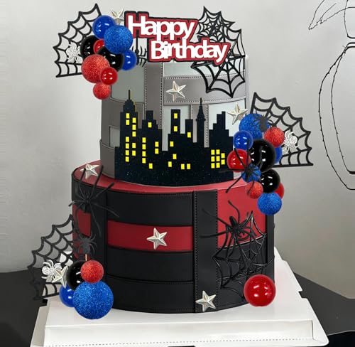 Spider Cake Topper Spider Web Decoration Set - Red-Blue Hero Theme Birthday Party Supplies