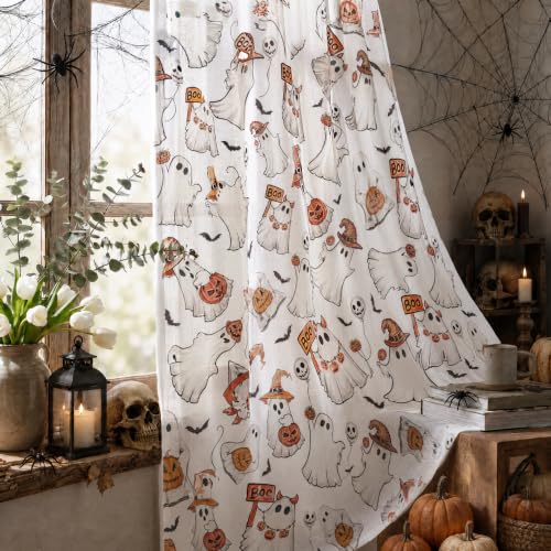 2Pcs White Sheer Curtains for Window 52x96 Inch - Bat Ghost Pumpkin Halloween Decor