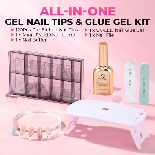 Medium Almond Gel Tips Nail Kit - Pre-Etched False Nail Tips with UV Lamp & Glue