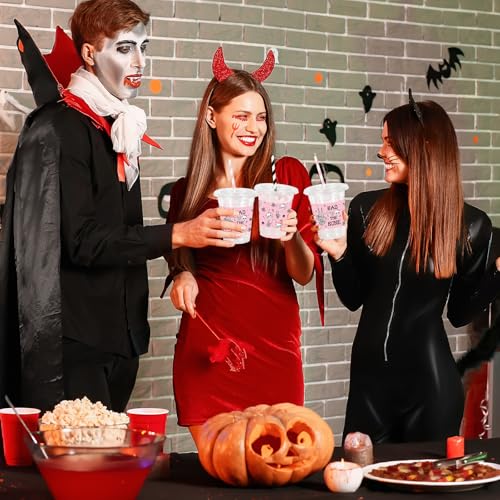 Halloween Plastic Cups with Lids & Straws 12oz - Bad Two The Bone Pink Black Skull Set