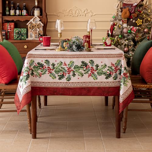 Holly Christmas Jacquard Rectangle Tablecloth 60 x 102 Inch - Holiday Decor