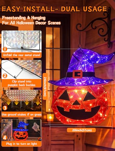 Outdoor Lighted Pumpkin Decorations with Witch Hat - 24 Inch Halloween Yard Decor