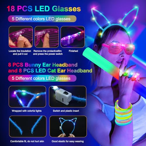 Glow in the Dark Party Supplies Set with LED Glasses, Foam Sticks & Headbands for Events
