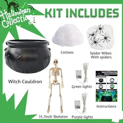 Halloween Witch's Cauldron Decoration with Skeleton & LED Lights - Indoor & Outdoor Party Decor