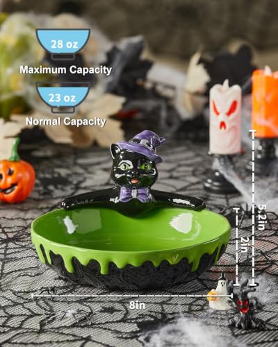Halloween Cauldron Candy Bowl - Ceramic Black Cat, Purple Black Variation, 8 Inch