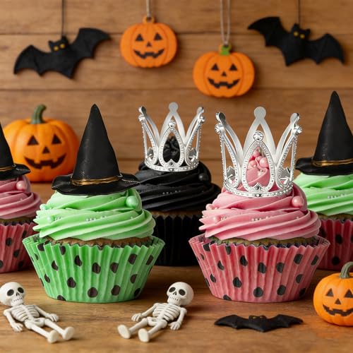 24 Pcs Witch Hat & Silver Crown Cake Toppers for Halloween & Princess Parties