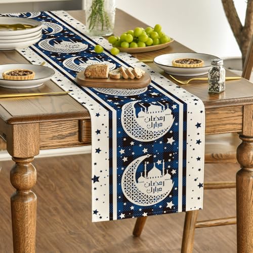 Blue Black Plaid Moon & Stars Ramadan Table Runner 13x72 Inch Seasonal Kitchen Decor