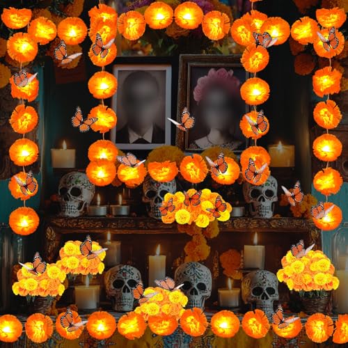Day of The Dead Decorations Set with Marigold Garland Lights and Artificial Flowers