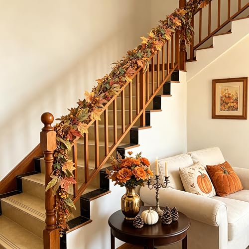 6FT Fall Maple Leaf Garland for Mantle Fireplace Table Decor - Autumn Harvest Wreath