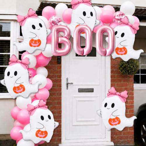 Pink Boo Balloons Halloween Decorations Foil Ghost Balloons - Pink Bow