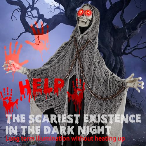 Gray Halloween Skeleton with LED Red Glowing Eyes, Sound & Touch Activated Motion, Body Swaying, Adjustable Arms, 71-Inch