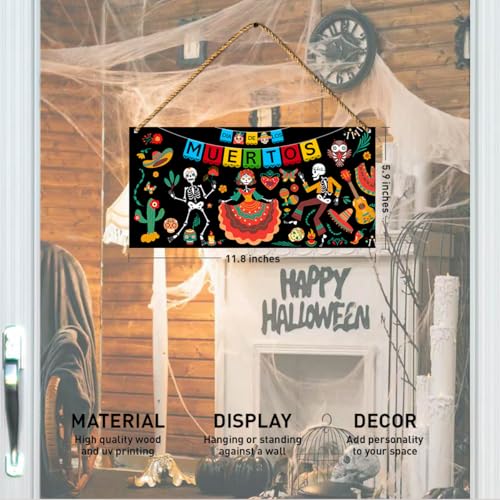 Day of The Dead Wooden Sign Decor - Mexican Sugar Skull Wall Hanging for Home Porch Patio