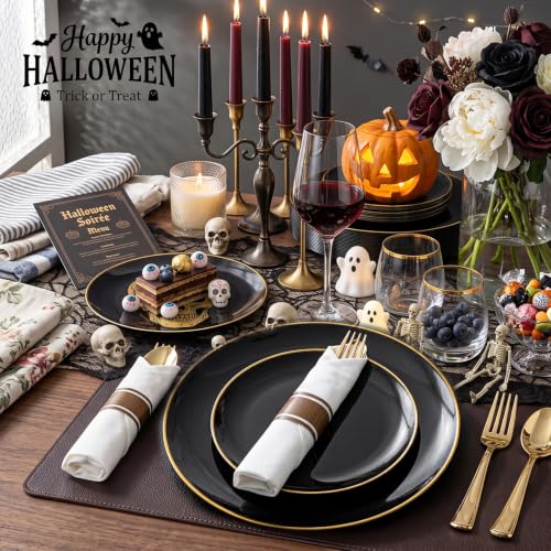 Black and Gold Disposable Plates Set - 50 Dinner & 50 Salad Plates for Parties
