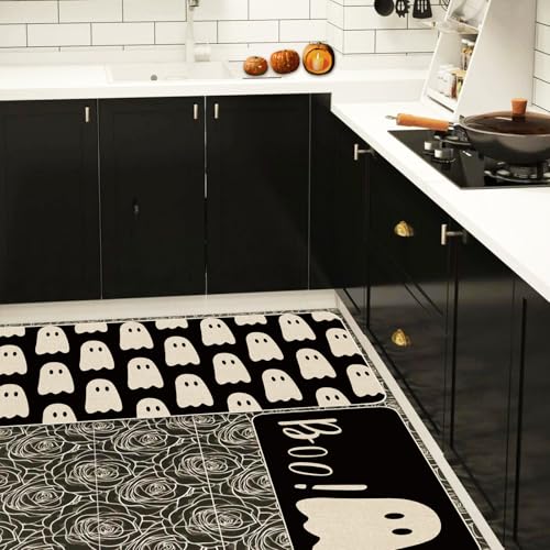 Halloween Ghost Kitchen Rugs Set of 2 Non-Slip Floor Mats - Spooky Black Boo Decor