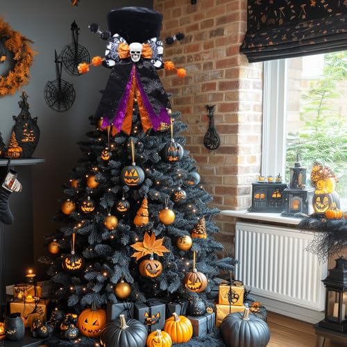 Halloween Tree Topper Hat with Wired Bow and Skull - Black Velvet Decor
