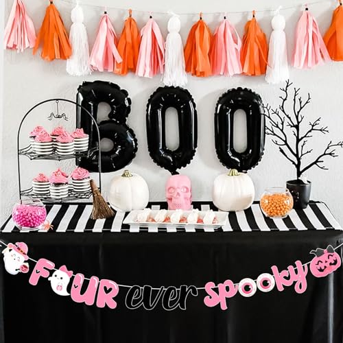 Halloween 4th Birthday Banner - Pink Black Spooky Party Decorations for Girls