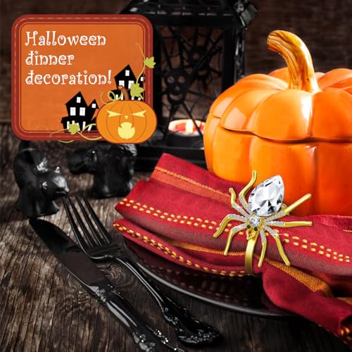 Halloween Spider Napkin Rings Set - Rhinestone Metal Table Decor, 6 Pieces