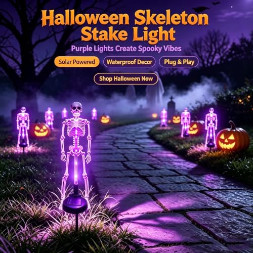 Solar Skeleton Yard Stake Halloween Decoration with Purple LED Light