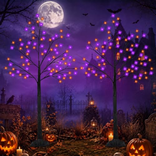 Halloween Tree with Purple and Orange Lights - 6FT 2-Pack LED Set, Bendable Branches, Timer, Waterproof Outdoor Decorations