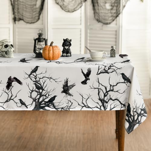 Horaldaily Halloween Tablecloth 60 x 84 Inch Rectangular Crow Tree Black