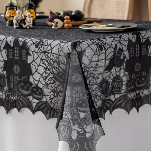 Joyfol Day Halloween Lace Tablecloth 72x54 Inch Gothic Spiderweb Castle Black