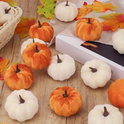 16 Pcs Faux Velvet Pumpkin Fall Decor - Small Artificial Autumn Pumpkins