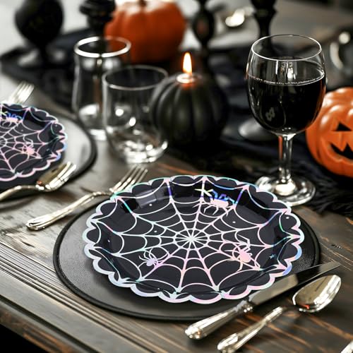 Halloween Spider Web Dinner Plates - 50 Pack Iridescent 9 Inch Disposable Party Tableware - Black Silver Laser Effect - Spider Web Variation
