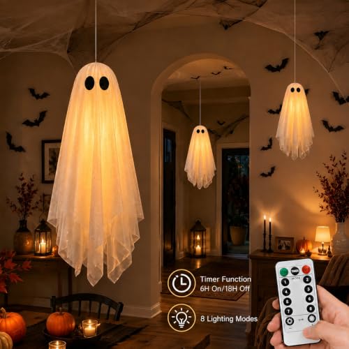 3 Pack Hanging Ghost Decorations - White, 27.6 & 19.7 Inch, with Warm Glow, Remote Timer - Indoor & Outdoor Halloween Decor