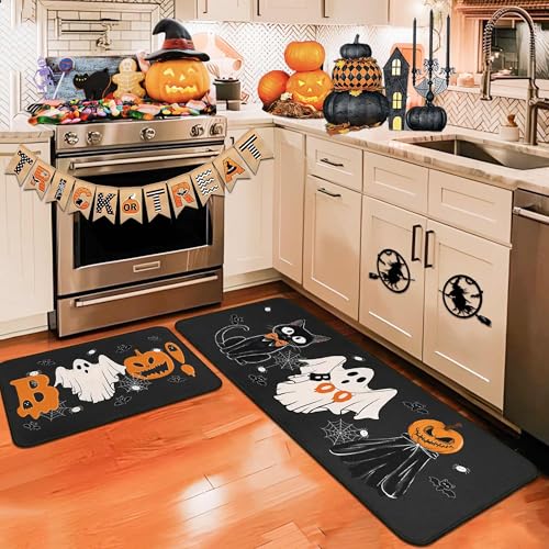 Ghost Halloween Kitchen Rugs Set of 2 - 17x47 & 17x30 Inches Non-Slip Floor Mats