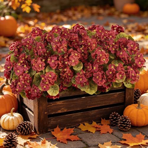 Artificial Fall Flowers for Outdoors - 6PCS Silk Geraniums - Dark Red - Seasonal Autumn Decor
