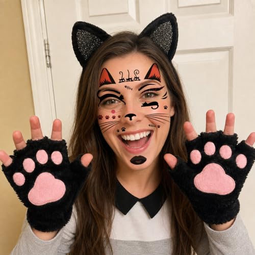 Cat Face Tattoos for Women & Girls - 6 Sheets with Paw Ears & Whiskers - Variation: Cat