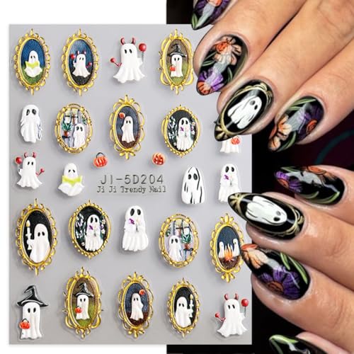 Goth Ghost Halloween Nail Stickers - 2 Sheets 5D Embossed Spider Web Rhinestones for Nail Art - Variation Goth Ghost-14
