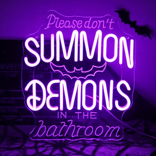 Purple Please Don't Summon Demons in the Bathroom Neon Sign Halloween Decor