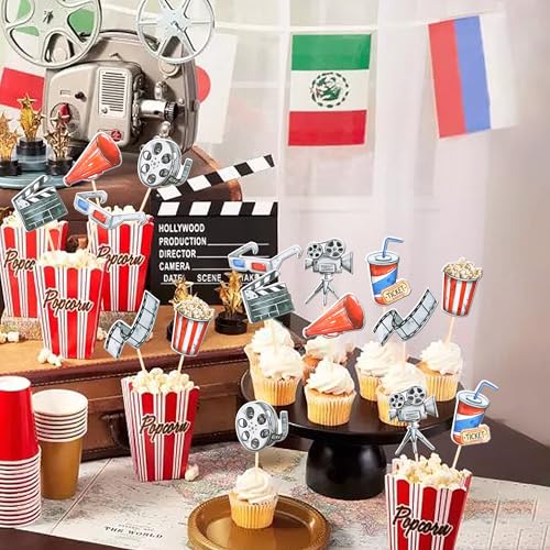 Movie Night Double Sided Cupcake Toppers - Design 5, Hollywood Party Decorations, 40 pcs