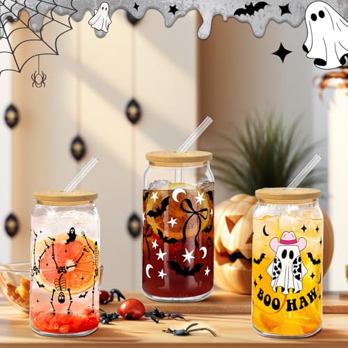 Retro Halloween Skeleton Glass Cups with Lids & Straws - 6 Pack, 16oz