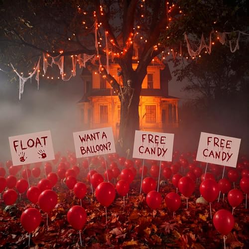 Halloween Yard Decorations Kit with Red Balloons & Creepy Signs - Outdoor Spooky Decor