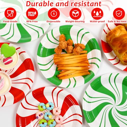 80Pcs Christmas Peppermint Paper Plates - Disposable 7 Inch Holiday Dessert Dinnerware Set - Red & Green Striped Party Supplies - Peppermint Candy Variation