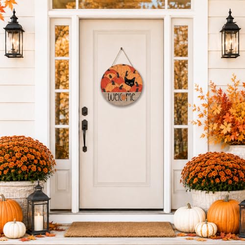 Fall Welcome Wooden Door Hanger with Black Cat and Pumpkin - Cat Fall Variation