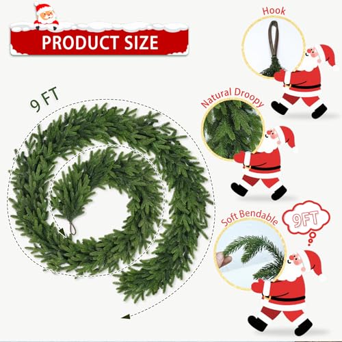 9Ft Artificial Christmas Garland for Staircase & Fireplace - Soft Pine, Realistic & Bendable Holiday Decor