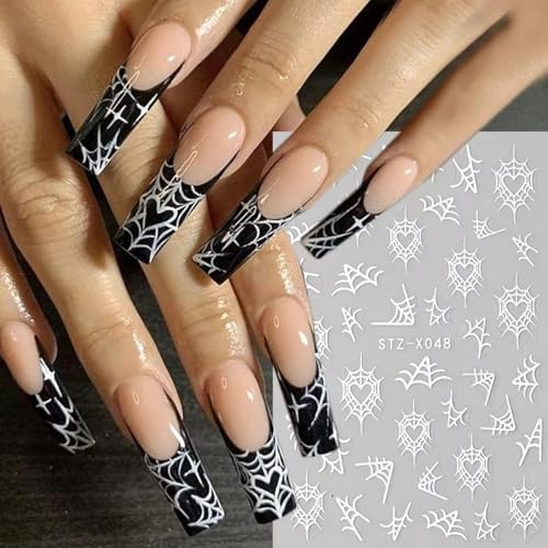 Halloween Spider Web Nail Stickers - Black Stars Moon Flame Design, 8 Sheets, DIY Manicure Decorations - Black Variant