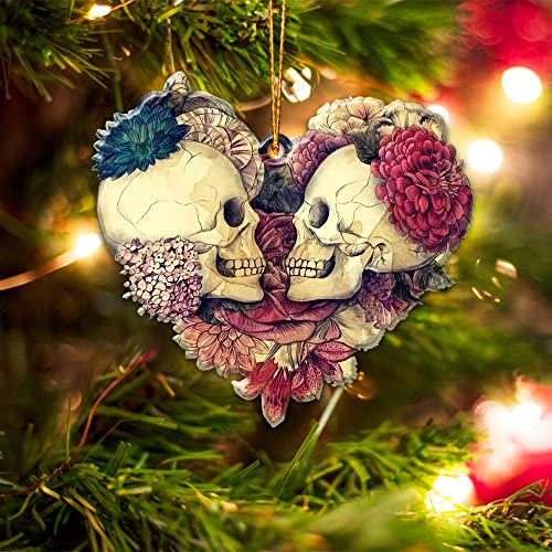 Personalized Skull Couple Love Wood Ornament - Rustic Christmas Decor - Variation 01