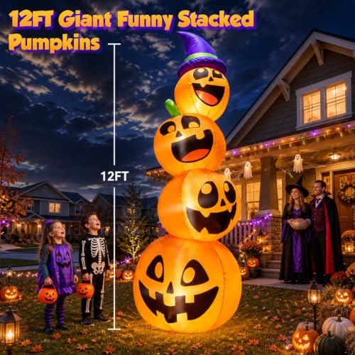 Giant 12FT Halloween Inflatable Pumpkin Stack with LED Faces & Witch Hat - Outdoor Yard Decor